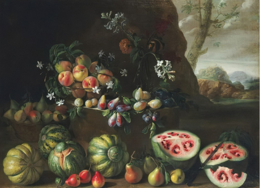乔瓦尼·斯坦奇（1608—1675），《一幅风景画中的西瓜、桃子和梨》（《艺术与科学：从野生茄子到三宅一生》插图）