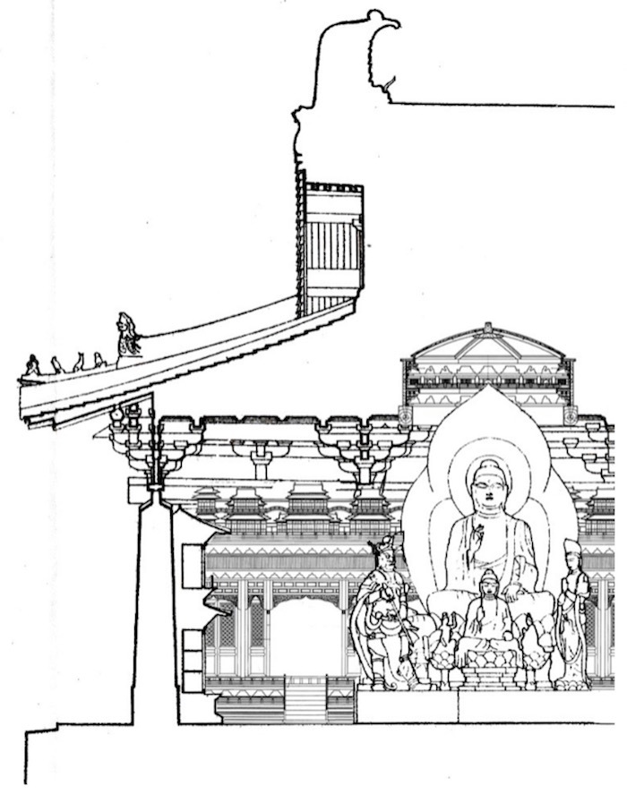 《营造法式》壁藏和小斗八藻井安装于建筑室内的空间效果示意图，图片来源 （李路珂.神衹之居——中国建筑、文献与图像中的平坐(阳台)[J].世界建筑,2020(10):24-29+137.）