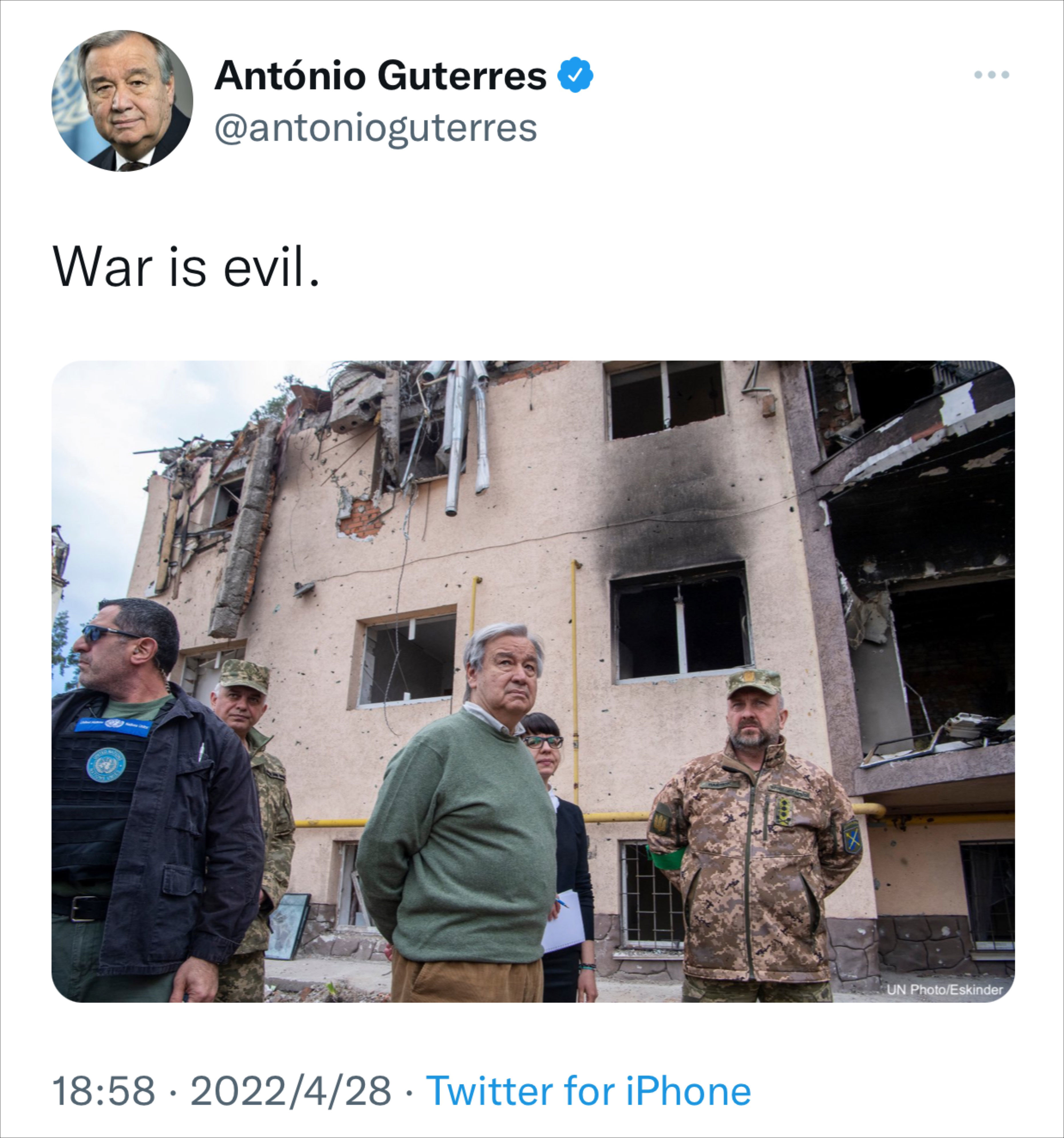 古特雷斯发推文：战争是邪恶的