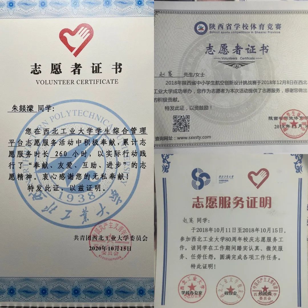 部分志愿服务证书