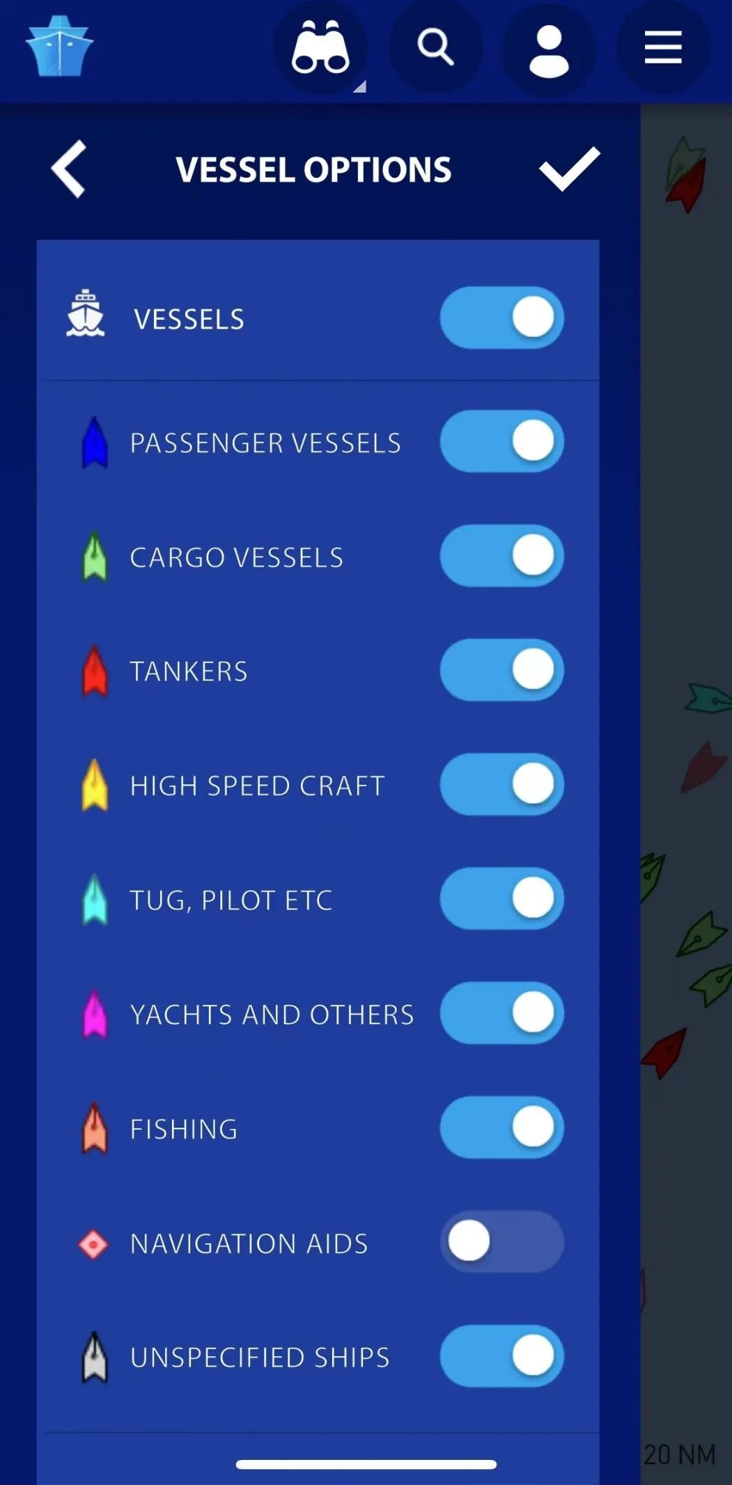 MarineTraffic依据用途对不同船舶及辅助设备进行了类型划分。