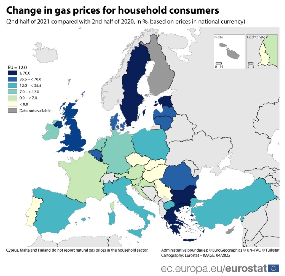 欧盟家庭消费者的气价变化，颜色越深，代表涨幅越大。（图中所示为2021年下半年相较于2020年下半年的同比涨幅，基于各国货币价格。）图片来源：欧盟统计局