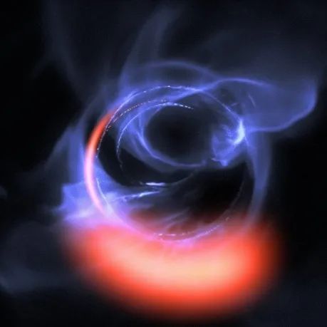 模拟气体在人马座A*黑洞外围的圆形轨道上以大约 30% 的光速旋转运动 | ESO/Gravity Consortium/L. Calçada