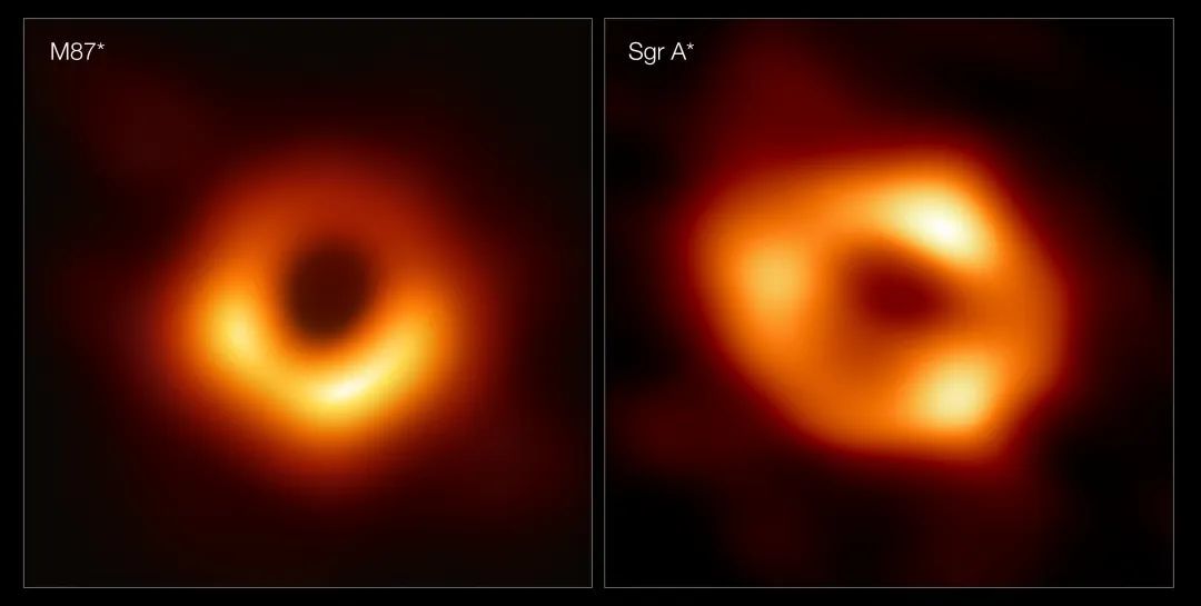 两张黑洞照片的对比：左为2019年人类首张黑洞照片，展示了M87星系中心的超大质量黑洞；右为今天公布的银河系中心半人马A* | EHT