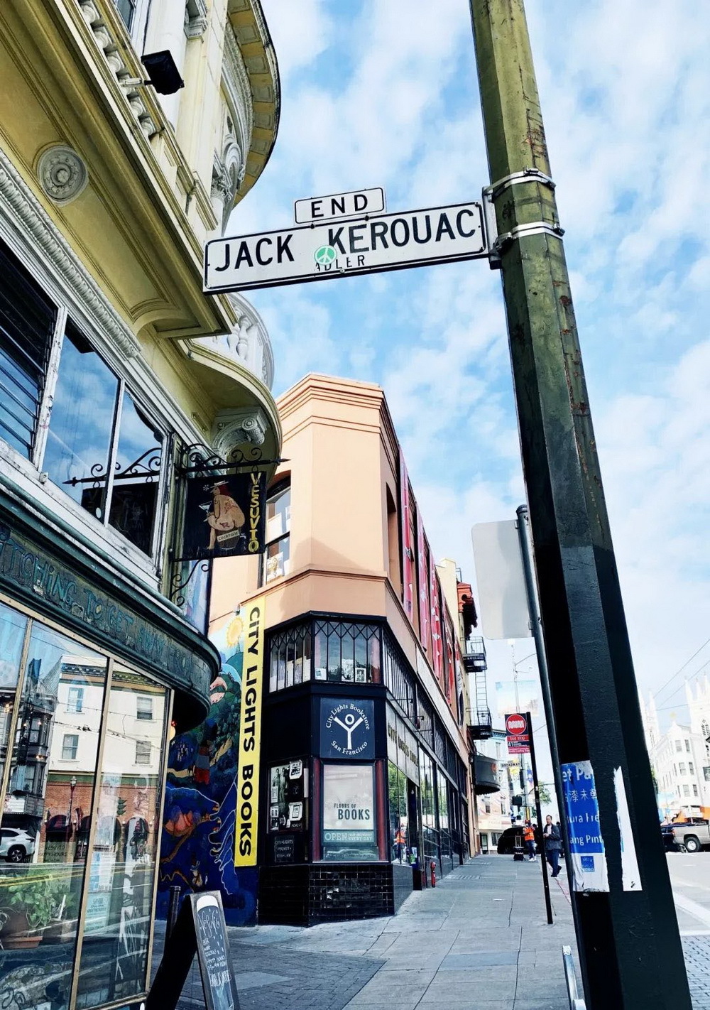 杰克·凯鲁亚克巷路牌，左边近处为维苏威咖啡馆。摄于2020年1月