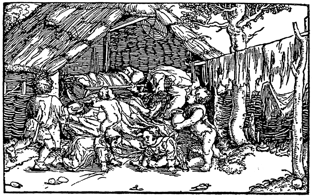 《贫民的孩子》，版画，奥格斯堡，1539年。贫民无法养活孩子，在灾荒来临时经常被迫将他们抛弃，因此才会诞生《格林童话》中汉赛尔与格莱特两个兄妹被抛弃进森林里的暗黑童话。