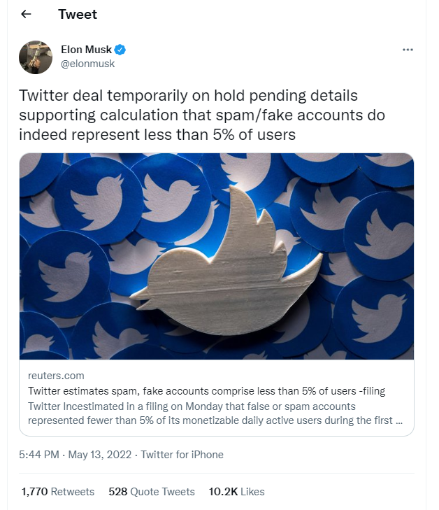 马斯克怀疑推特用户数造假 号召粉丝计算虚假账号