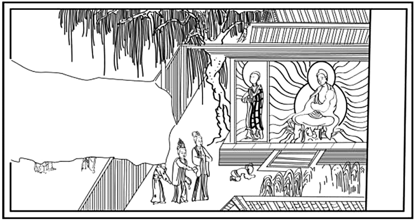 第19窟（萬佛洞）左壁與前壁拐角處下部《波斯匿王丑女》原圖及線描圖