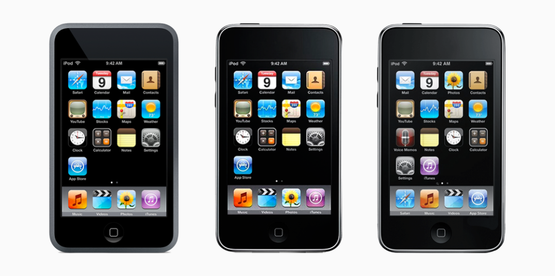 从左到右：iPod touch 一代、二代、三代