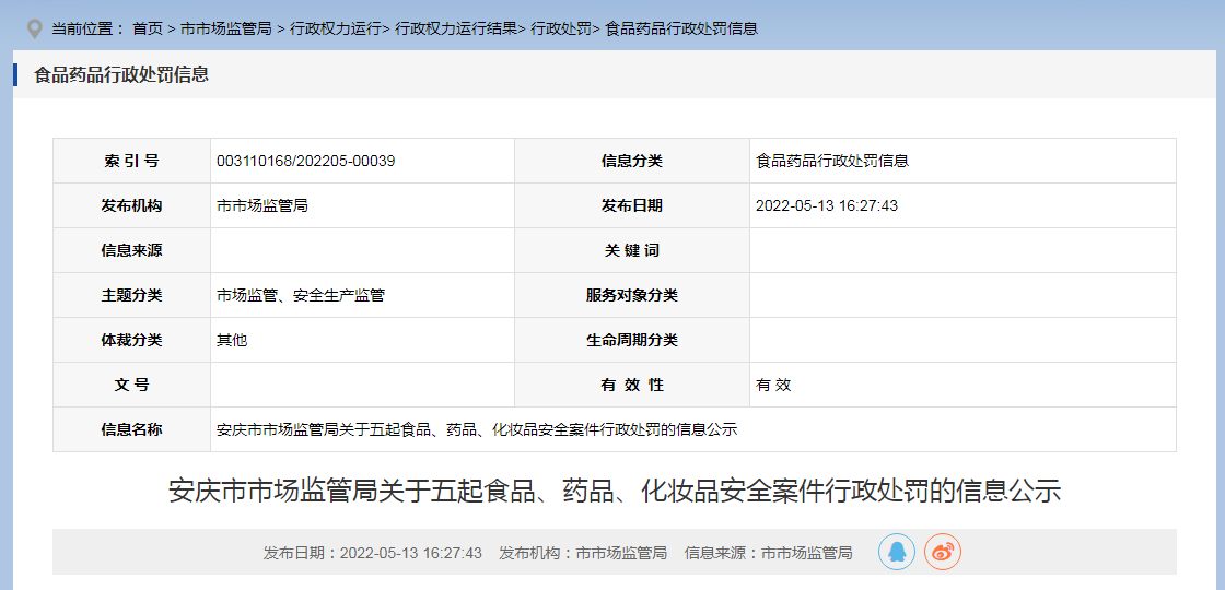 安庆公布五起食品、药品、化妆品安全案件行政处罚信息！