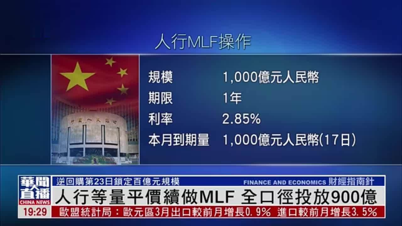 中国人民银行等量平价续做MLF 全口径投放900亿