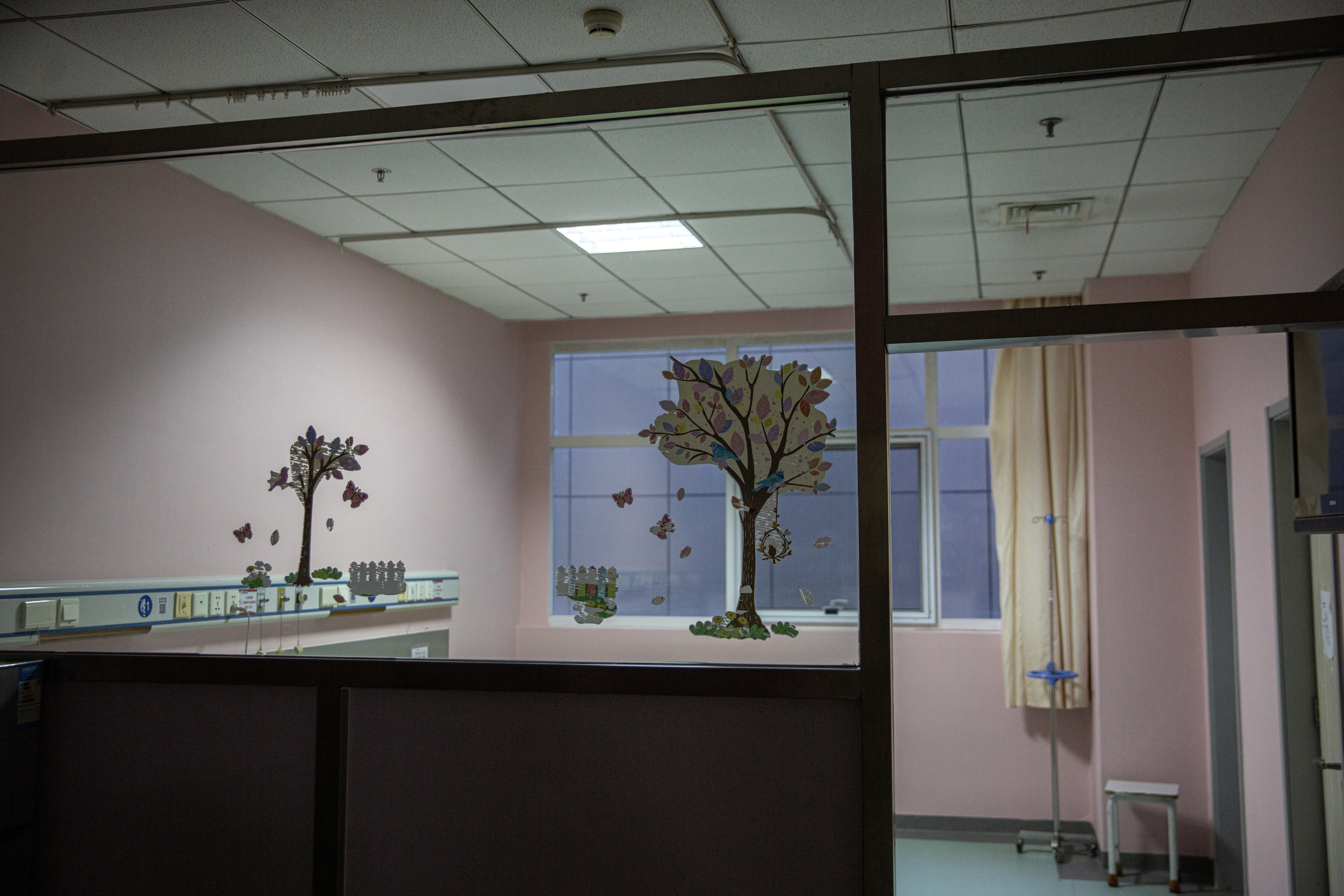 5月7日，北京大学首钢医院产科病房，每间病房玻璃上都有象征希望和美好的卡通画。