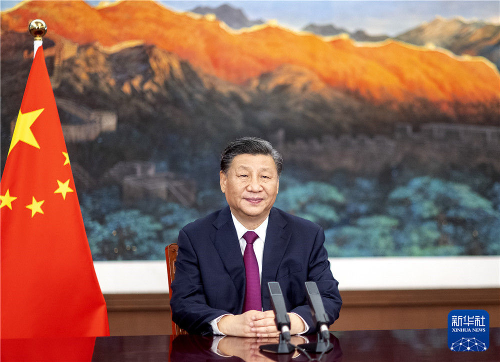 5月19日，国家主席习近平在金砖国家外长会晤开幕式上发表视频致辞。新华社记者 李学仁 摄