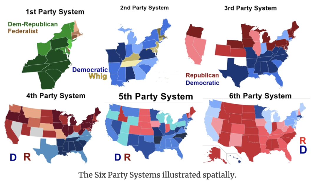 第六政党体系示意图，也就是我们习惯的民主党在东西海岸及城市占优，共和党在中部和乡村占优的格局