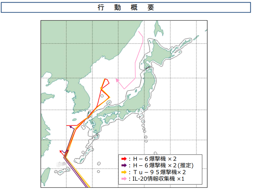 日本防卫省发布的24日中俄军机飞行路线图。