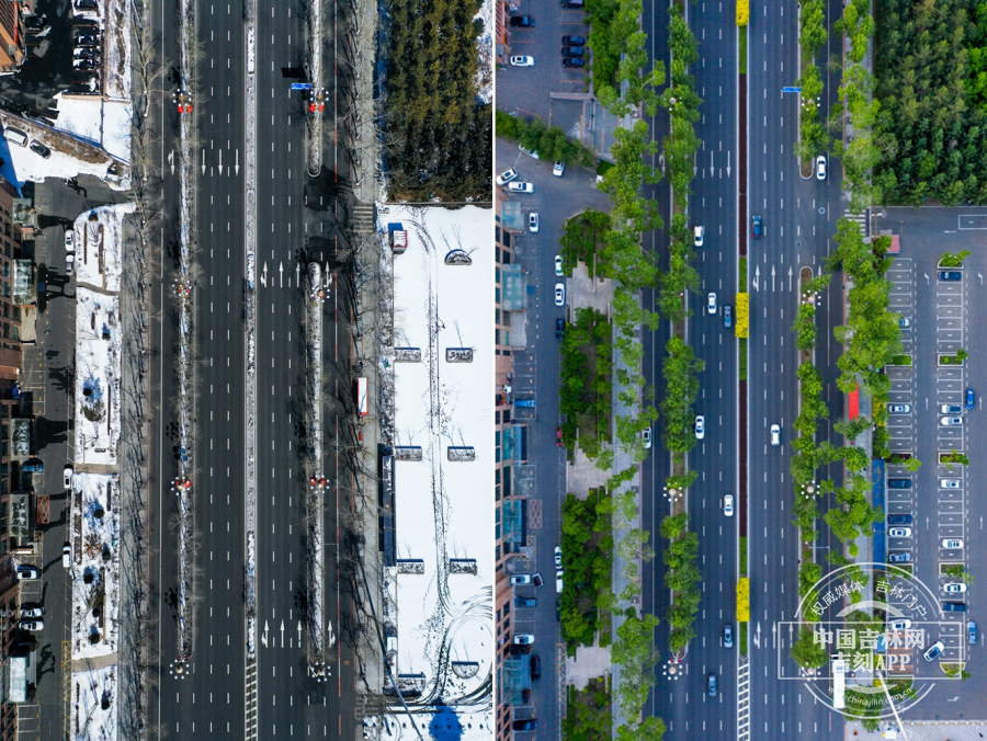 左图为2022年3月19日航拍镜头下的人民大街，路边的花坛被白雪覆盖。右图为2022年5月20日航拍镜头下的人民大街，路边的树木郁郁葱葱。