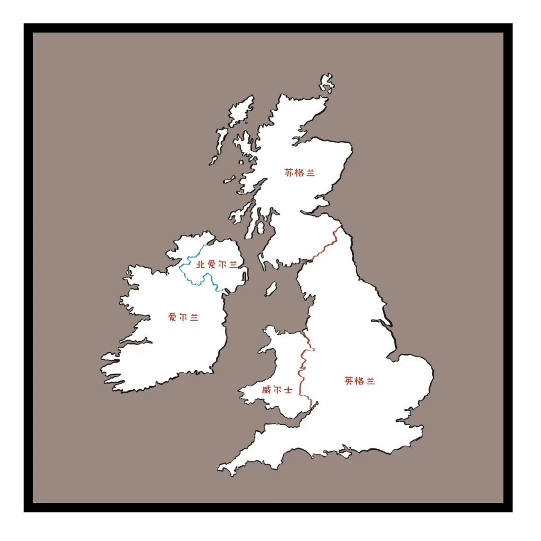 英国全称大不列颠及北爱尔兰联合王国，主要由英格兰、威尔士、苏格兰、北爱尔兰及一系列附属岛屿组成，“大不列颠”是地理概念，主要是英格兰、苏格兰、威尔士这一块。