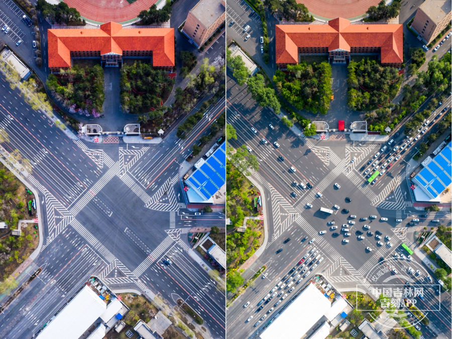 左图为2022年4月22日，航拍镜头下的工农广场。右图为2022年5月18日，航拍镜头下的工农广场。