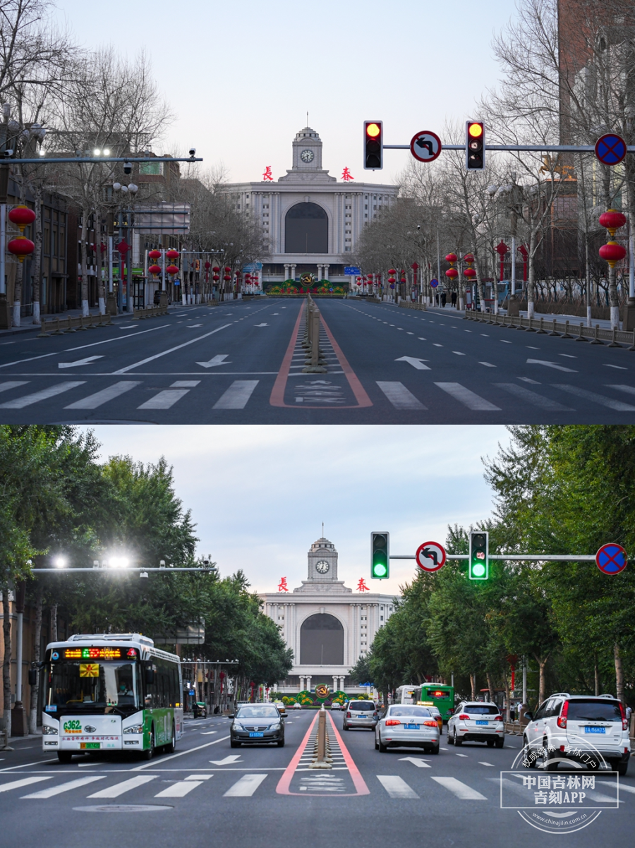 上图为2022年3月21日拍摄的长春火车站南广场。下图为2022年6月1日拍摄的长春火车站南广场。