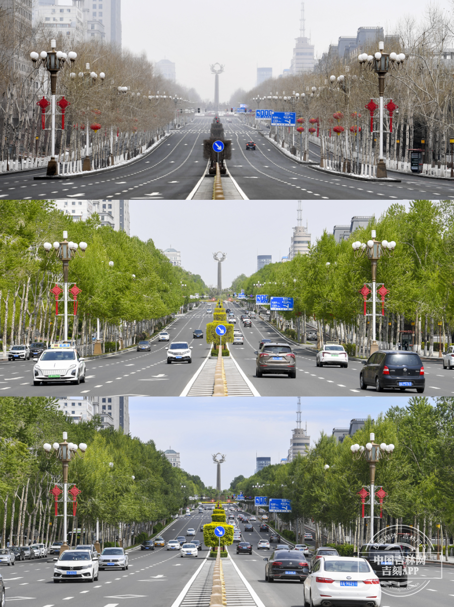 上图为2022年3月15日拍摄的卫星广场，街道静默无声。中图为2022年5月5日拍摄的卫星广场，道路两边绿树成荫。下图为2022年6月1日拍摄的卫星广场，街面上车水马龙。