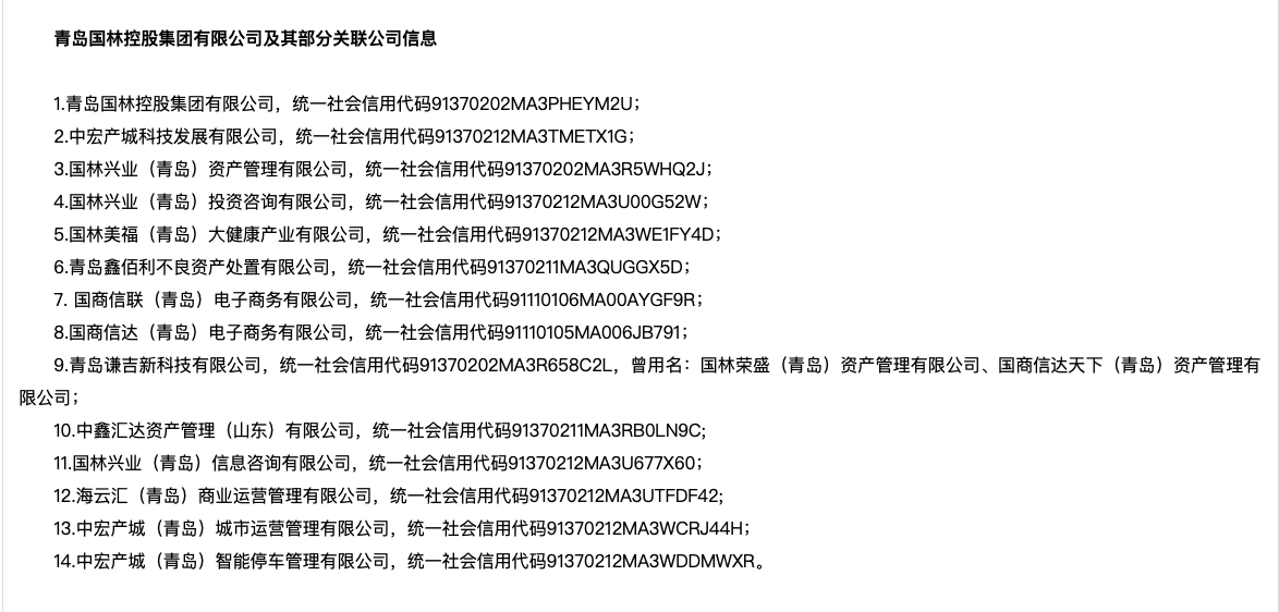 青岛市防范和处置非法集资工作领导小组办公室公布的“国林系”公司。来源：青岛市地方金融监管局官网