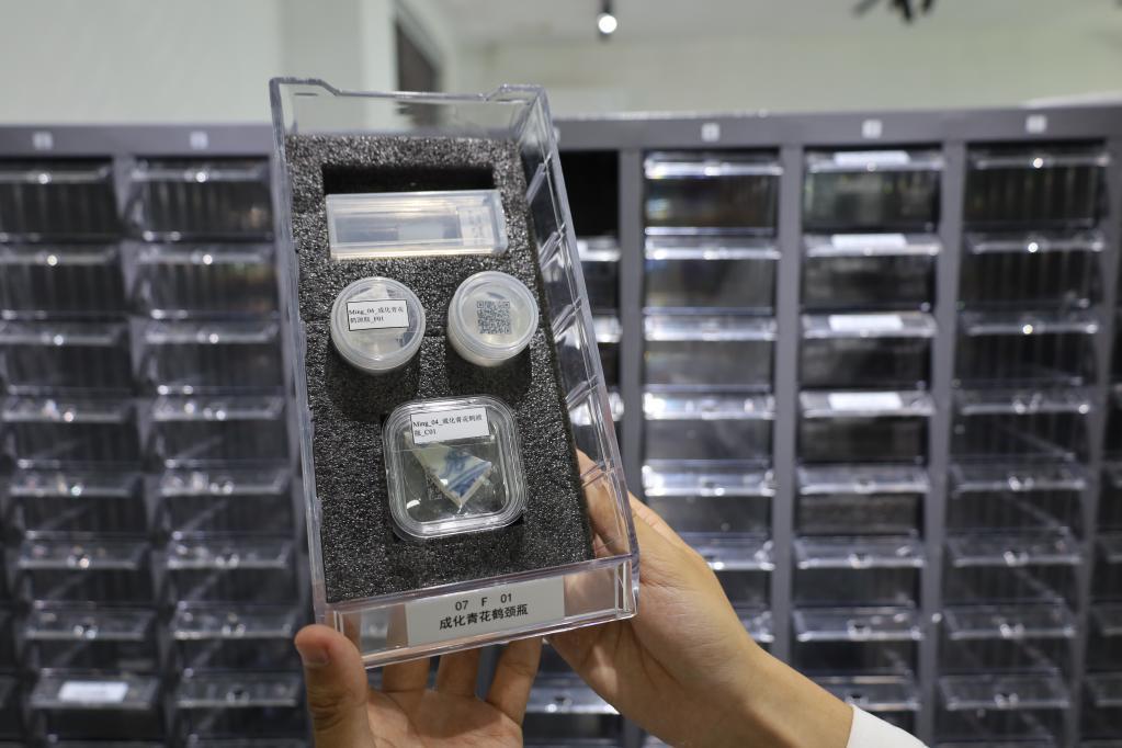 工作人员正在展示一份明成化时期的古陶瓷基因标本。王凯丰摄