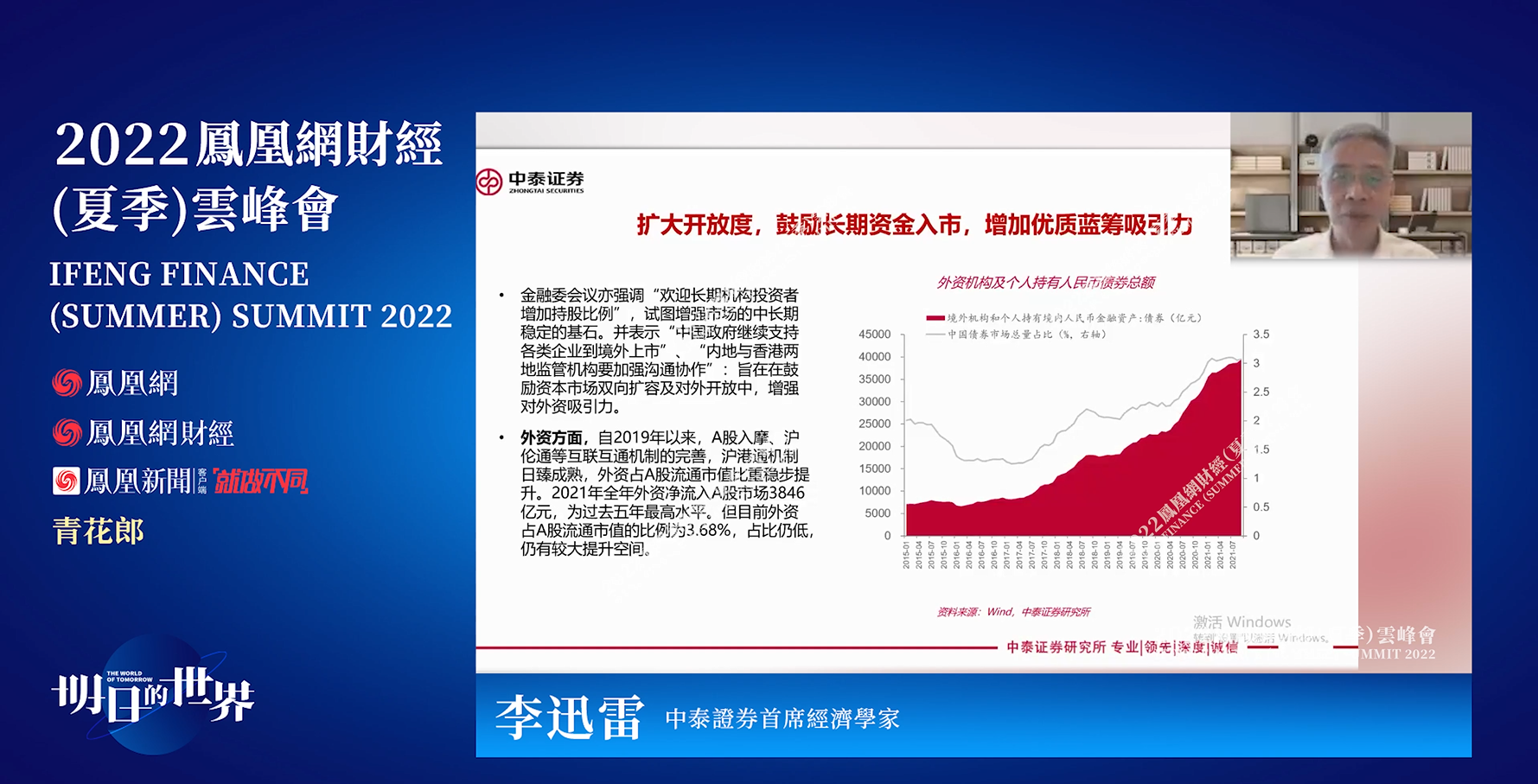 中泰证券首席经济学家李迅雷在峰会发表演讲