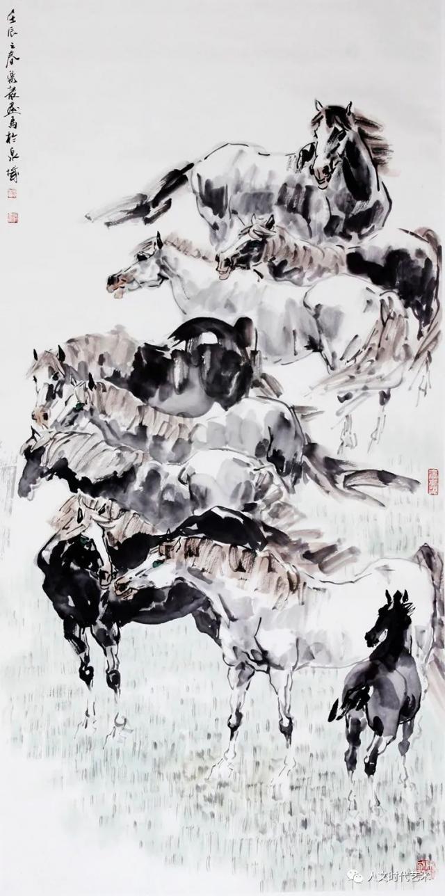 《九骏图》（69x138cm)