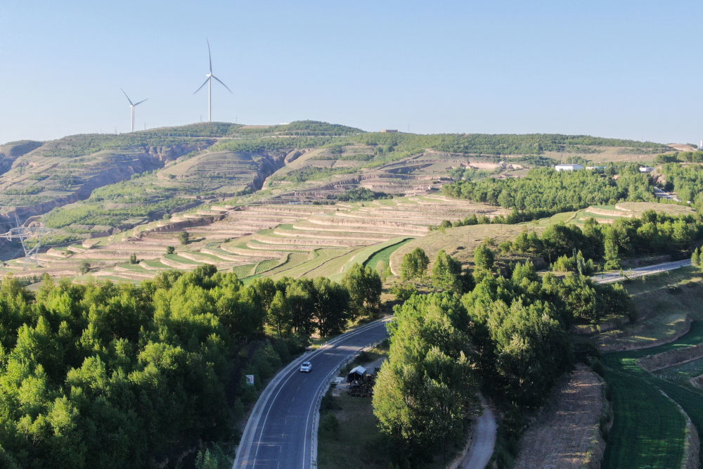 这是6月15日在甘肃省定西市通渭县马营镇拍摄的风力发电设施与山坡