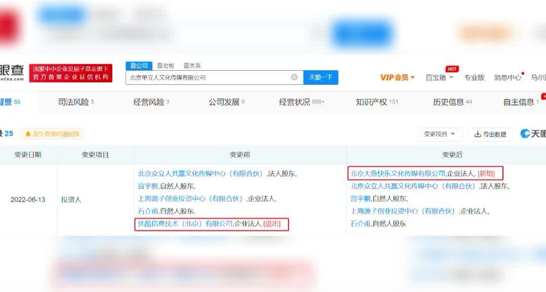 优酷退出单立人喜剧股东 阿里文娱旗下大鱼快乐入股