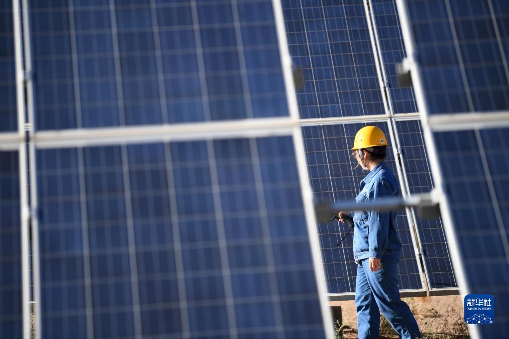 华能集团西坡光伏电站工作人员李静在现场巡检(6月13日摄) 新华社记者 陈斌 摄