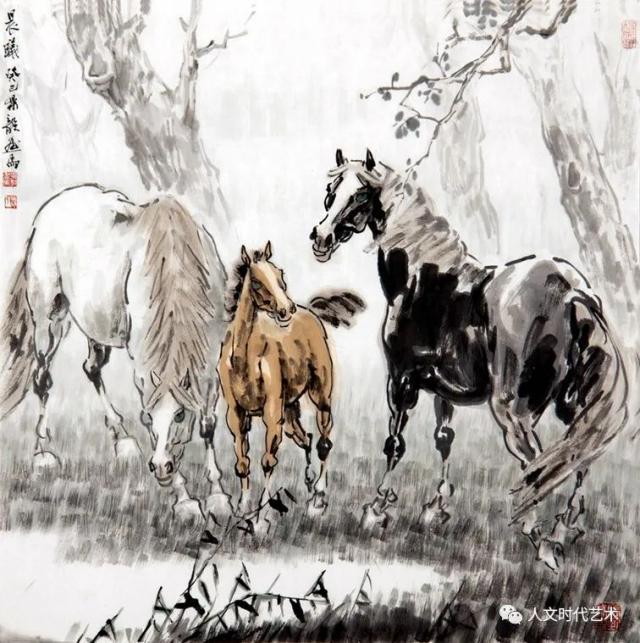 《三骏出游图》（68x69cm）