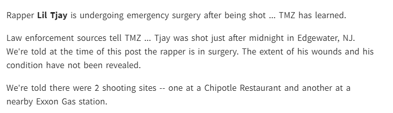 说唱歌手Lil TJay遭遇枪击身中数弹 目前手术已完成
