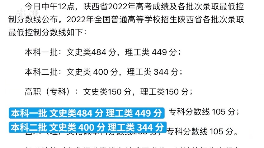 2022陕西高考分数线公布：一本文科484、理科449