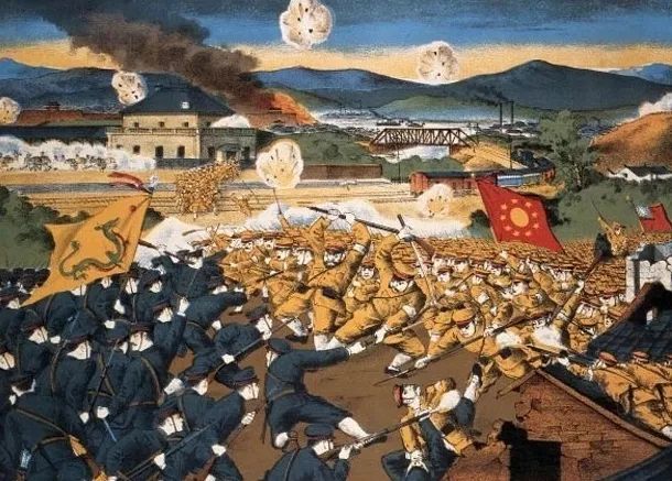 描绘革命军与清军在汉口城内鏖战情景的彩色版画《南北军大会战之图》。