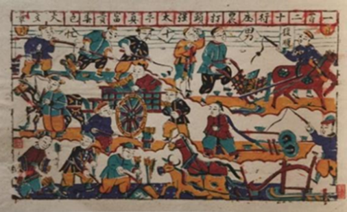 《女十忙》 山东潍县 清代版横披 木版套印 26&times;40cm 王树村藏