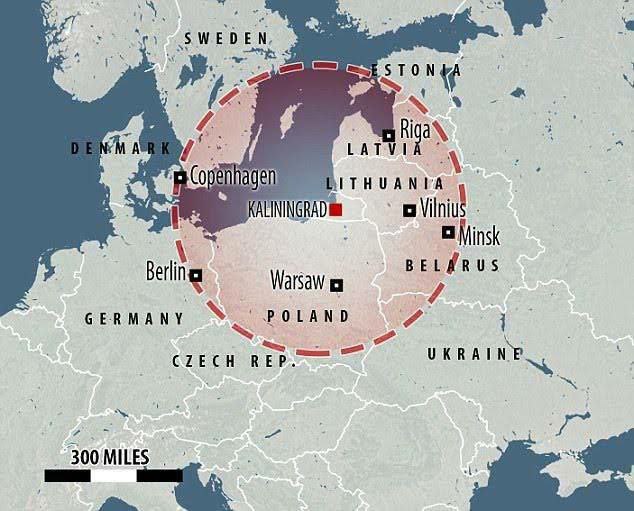 部署在加里宁格勒的“伊斯坎德尔”导弹的射程覆盖范围