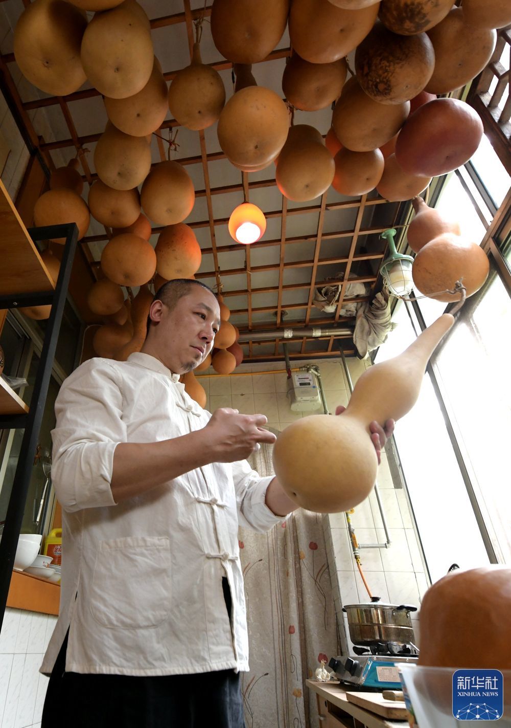 6月18日，民间艺人曹磊在石家庄市新华区工作室进行葫芦传统器具创作选材。