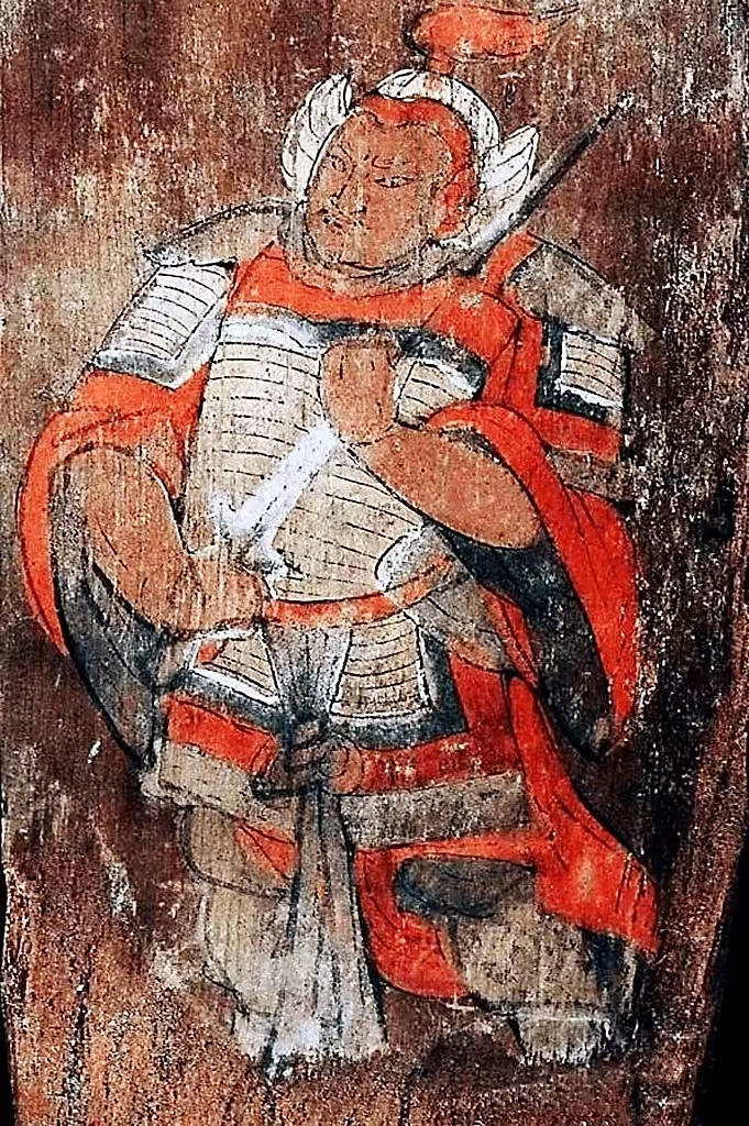 甘肃武威西郊林场西夏二号墓室出土执剑甲士彩绘木版画(武威博物馆藏)