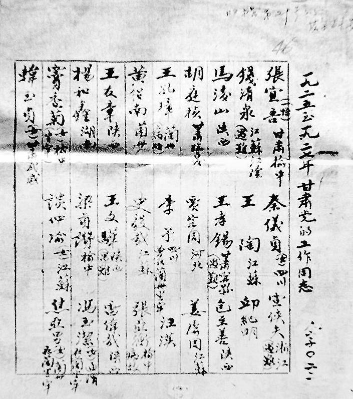 1925年-1927年甘肃党组织成立初期的党员名单,其中女党员有秦仪贞、窦香菊、谈仲瑜、韩玉贞等。