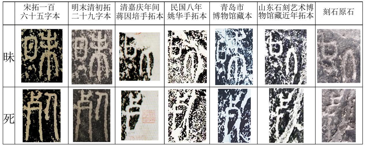 图十 “昧”、“死”二字各期拓本及原石对比