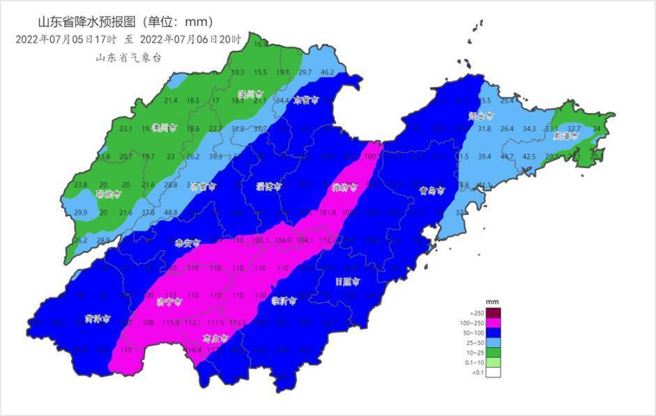 2022年7月5日17时至6日20时山东省降水预报图（单位：毫米）