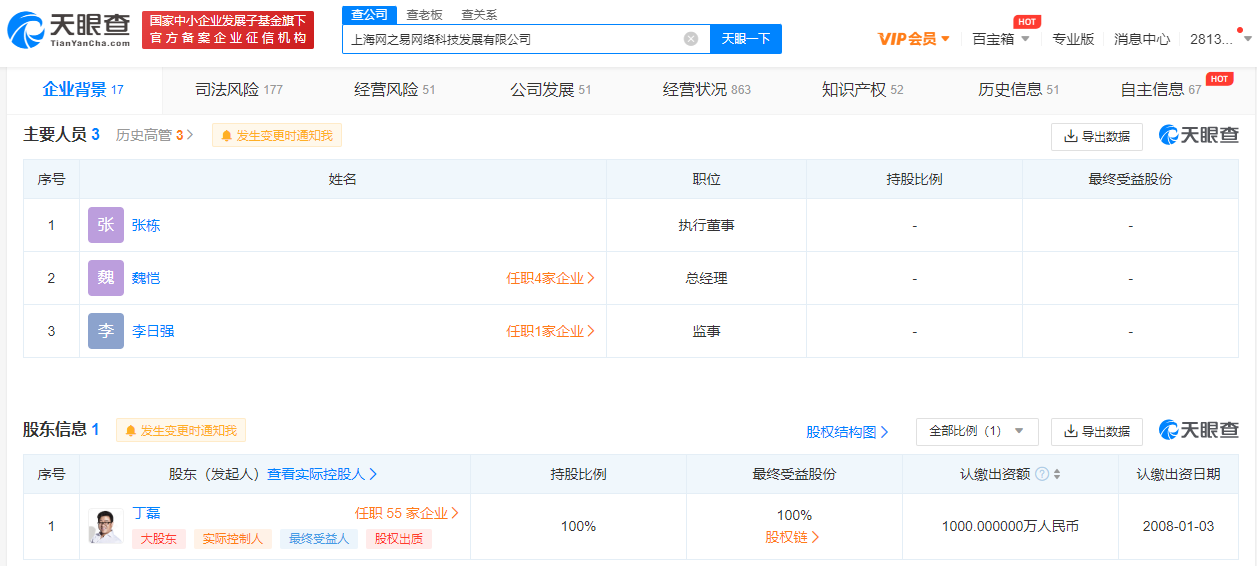 丁磊退出上海网之易公司法人 仍持股100％