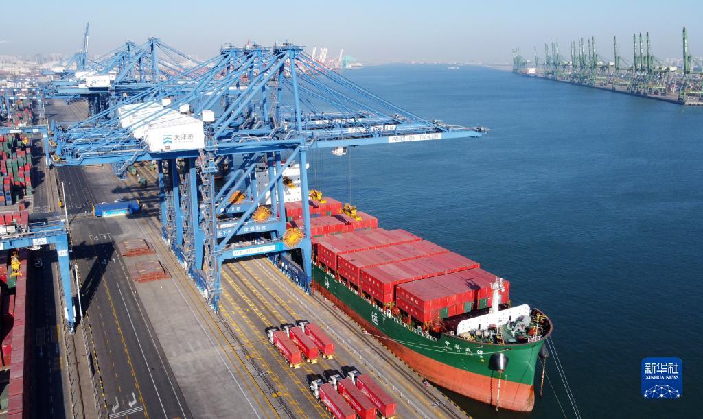 这是经过全流程自动化升级改造的天津港集装箱码头（2021年1月17日摄，无人机照片）。新华社记者 赵子硕 摄