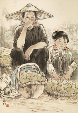 单应桂山村妇女组画之三70cm&times;48cm国画1979年