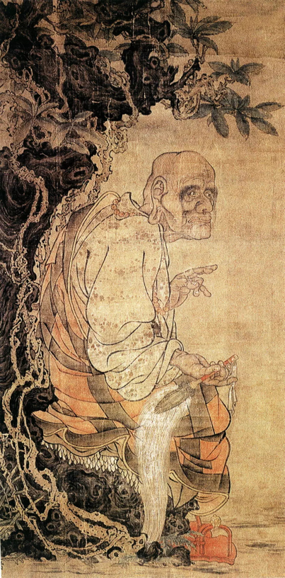 图3.南宋 佚名 (贯休摹本)《十六罗汉图》(第十六尊者 注荼半托迦)绢本128.5×65.8cm 日本京都高台寺庙藏