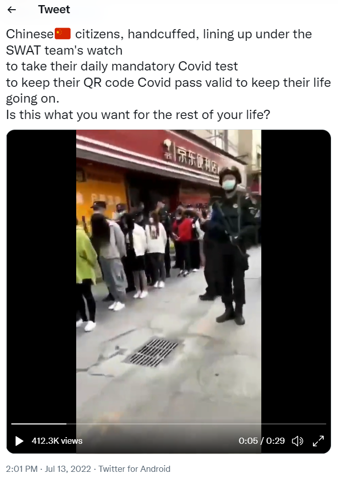 推特传"中国公民戴手铐做核酸"视频 实为扫黄抓捕现场