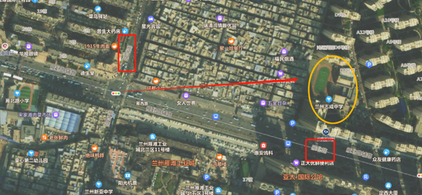 雁西路（左）和雁北路（右）十字交叉，交汇点距兰州志成中学（黄圈）不足一个街区。