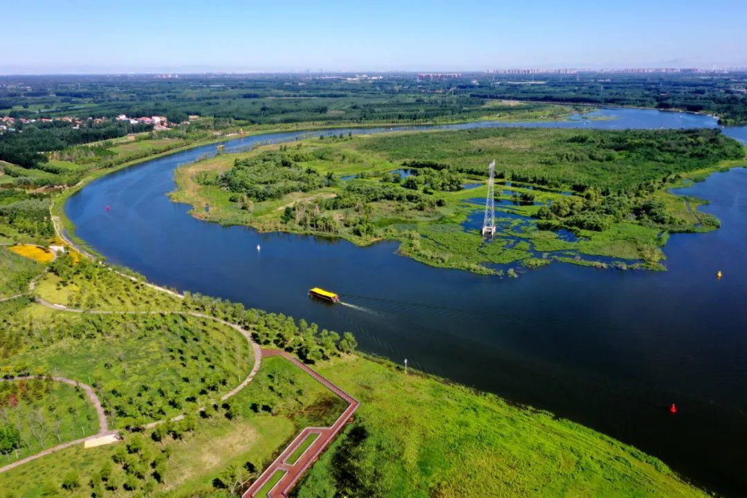 运河两岸绿树成荫,游船航行在北运河香河段