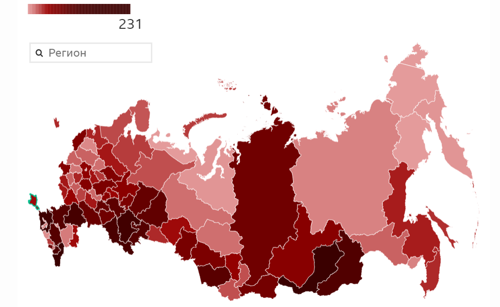 此次战事中阵亡俄军分布情况，颜色越重代表该地区阵亡官兵越多，可见大部分阵亡官兵都来自西伯利亚、乌拉尔与高加索地区